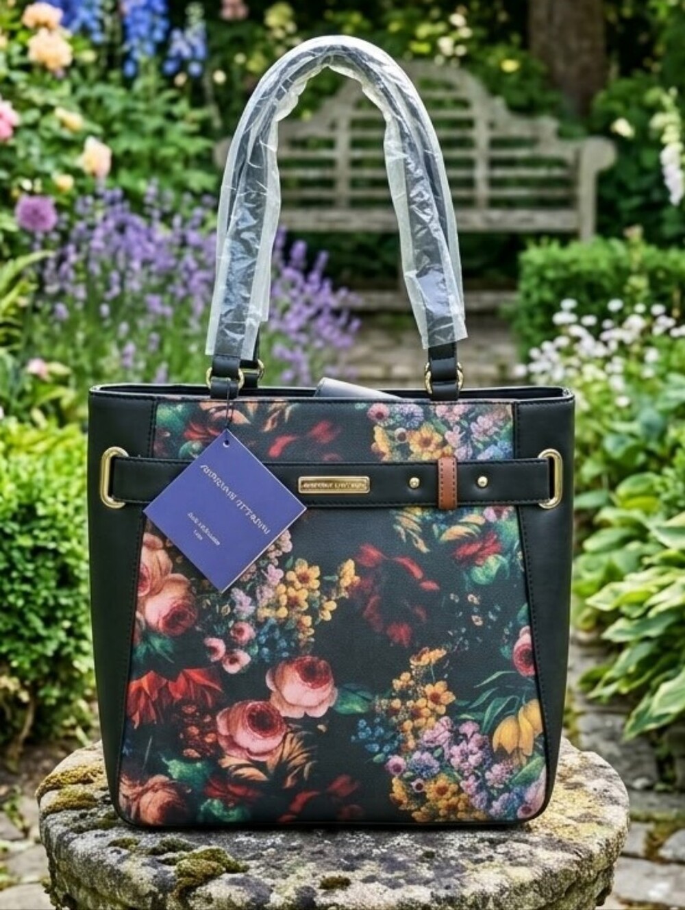 Adrienne Vittadini Black Floral Sophia Tote NWT